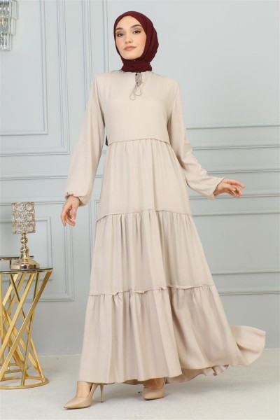Püskül Detaylı Elbise VİZON - Thumbnail