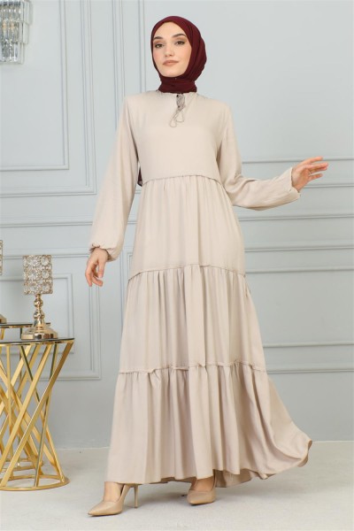 Püskül Detaylı Elbise VİZON - Thumbnail