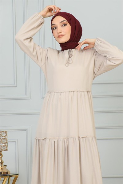 Püskül Detaylı Elbise VİZON - Thumbnail