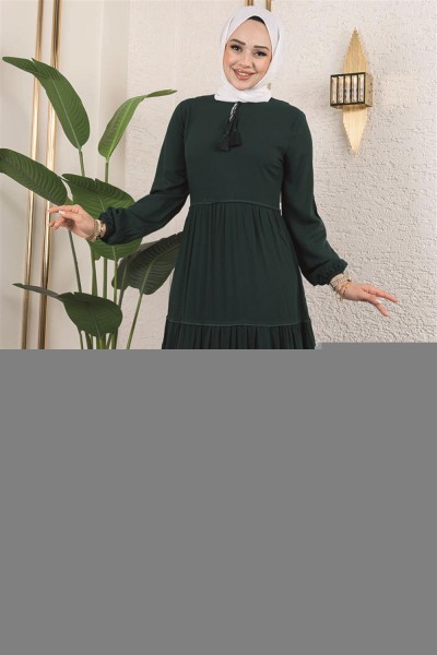 Püskül Detaylı Elbise ZÜMRÜT YEŞİLİ - Thumbnail