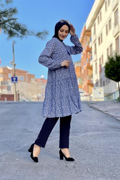 Püskül Detaylı Tunik İNDİGO - Thumbnail