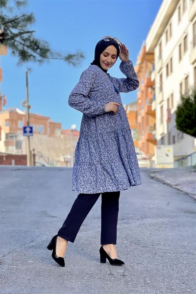 Püskül Detaylı Tunik İNDİGO - Thumbnail