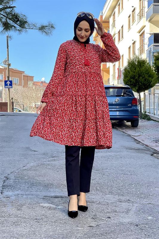 Püskül Detaylı Tunik KIRMIZI - 1