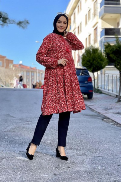 Püskül Detaylı Tunik KIRMIZI - Thumbnail