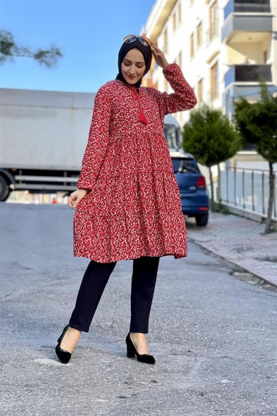 Püskül Detaylı Tunik KIRMIZI - Thumbnail