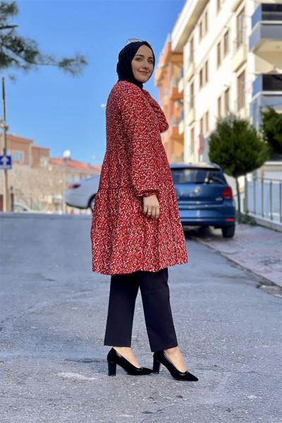 Püskül Detaylı Tunik KIRMIZI - Thumbnail