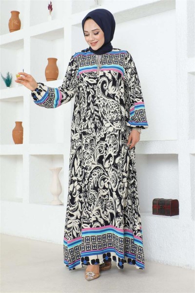 Püskül Detaylı Viskon Elbise LACİVERT - Thumbnail