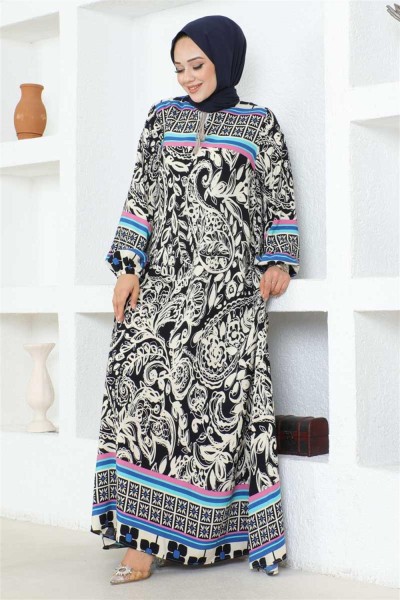 Püskül Detaylı Viskon Elbise LACİVERT - Thumbnail