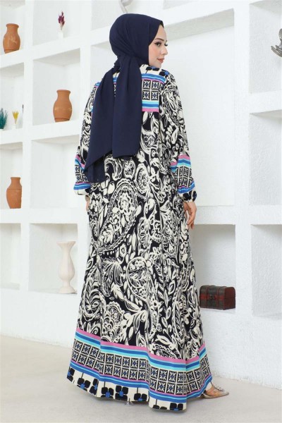 Püskül Detaylı Viskon Elbise LACİVERT - Thumbnail