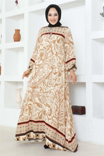 Püskül Detaylı Viskon Elbise VİZON - Thumbnail