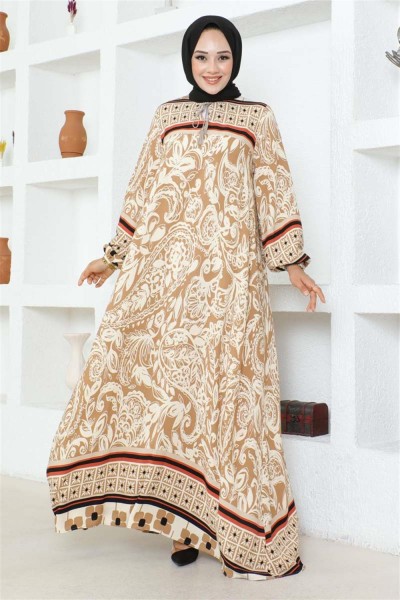 Püskül Detaylı Viskon Elbise VİZON - Thumbnail