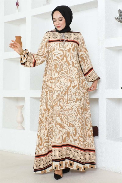 Püskül Detaylı Viskon Elbise VİZON - Thumbnail