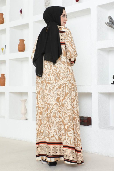 Püskül Detaylı Viskon Elbise VİZON - Thumbnail