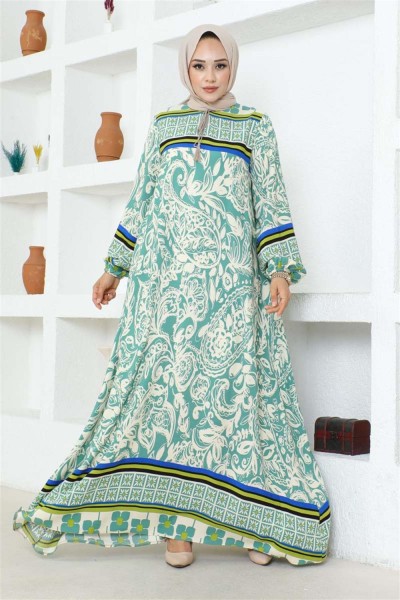 Püskül Detaylı Viskon Elbise YEŞİL - Thumbnail