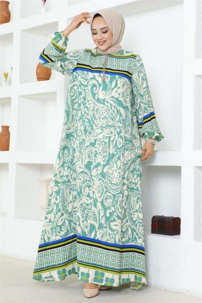 Püskül Detaylı Viskon Elbise YEŞİL - Thumbnail