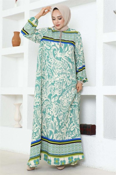 Püskül Detaylı Viskon Elbise YEŞİL - Thumbnail