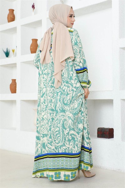 Püskül Detaylı Viskon Elbise YEŞİL - Thumbnail