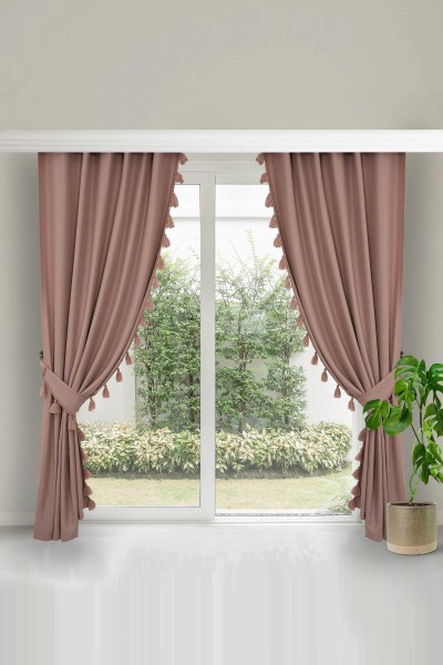 Moda Çizgi - Püskül Kenarlı Fon Perde 245x140 cm Çift Kenar,PR-1 Pudra