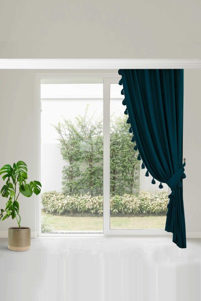 Moda Çizgi - Püskül Kenarlı Fon Perde Sağ Kenar 245x140 cm,PR-1SAG Petrol Mavisi