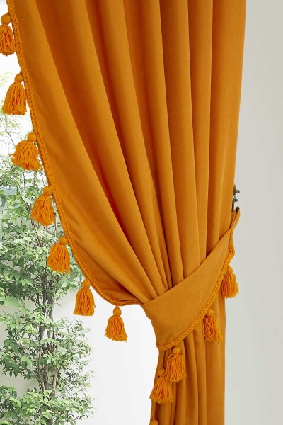 Püskül Kenarlı Fon Perde Sağ Kenar 245x140 cm,PR-1SAG Turuncu - Thumbnail