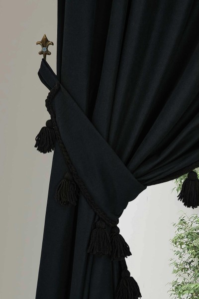 Püskül Kenarlı Fon Perde Sol Kenar 245x140 cm,PR-1SOL Siyah - Thumbnail