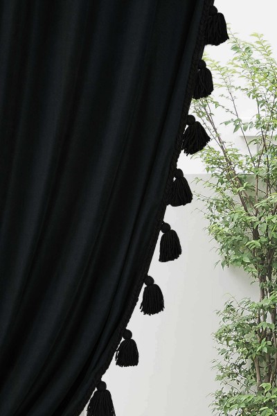 Püskül Kenarlı Fon Perde Sol Kenar 245x140 cm,PR-1SOL Siyah - Thumbnail