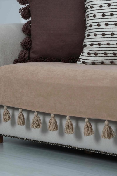 Püsküllü Koltuk Örtüsü 90 x 210,KO-19 Vizon - Thumbnail