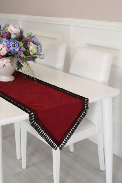 Moda Çizgi - Püsküllü Şerit Runner 140x40,R-19 Bordo