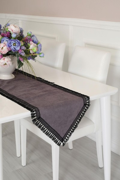 Moda Çizgi - Püsküllü Şerit Runner 90x30,R-19 Gri