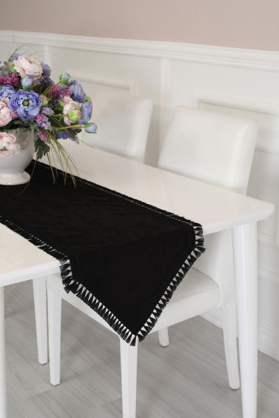 Moda Çizgi - Püsküllü Şerit Runner 90x30,R-19 Siyah