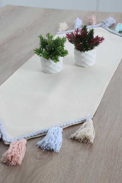 Moda Çizgi - Renkli Püsküllü Runner 120x 40,R-48O Krem - Mavi