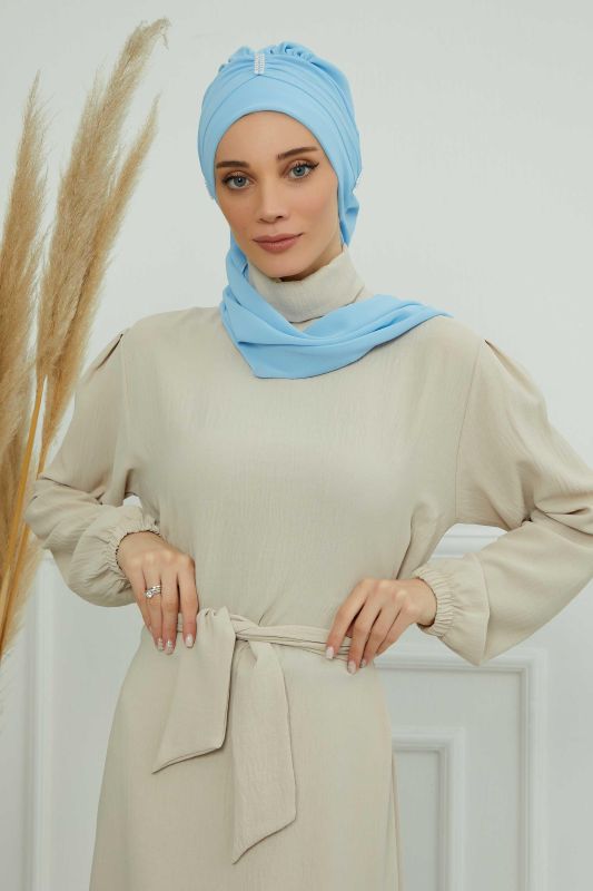 Renkli Taş Aksesuarlı Şifon Hazır Türban,HT-51,HT-51 Bebe Mavisi - 5