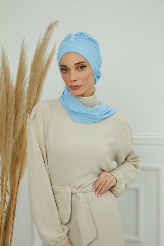 Renkli Taş Aksesuarlı Şifon Hazır Türban,HT-51,HT-51 Bebe Mavisi - 6