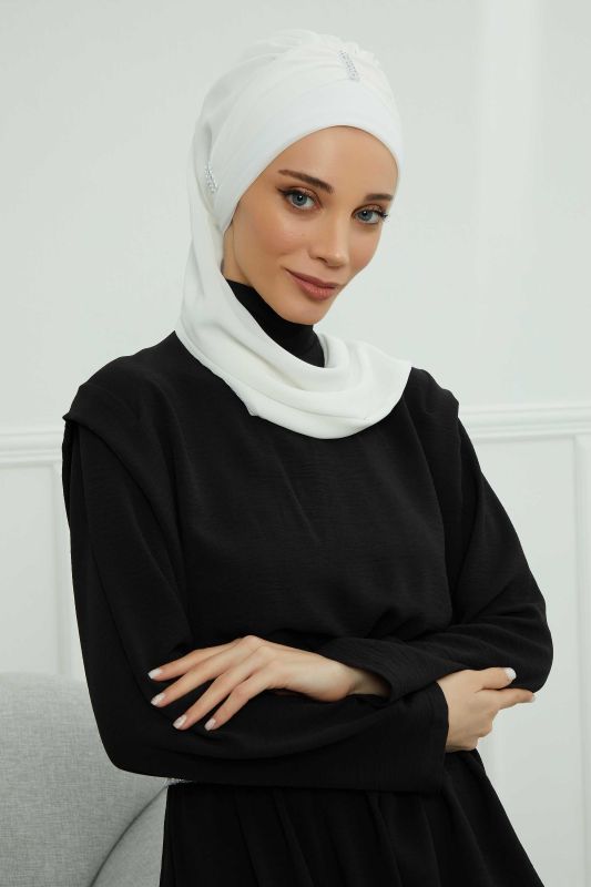 Renkli Taş Aksesuarlı Şifon Hazır Türban,HT-51,HT-51 Kırık Beyaz - 1