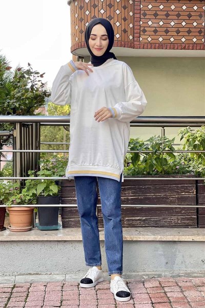 Ribana Çizgili Sweat BEYAZ - Thumbnail