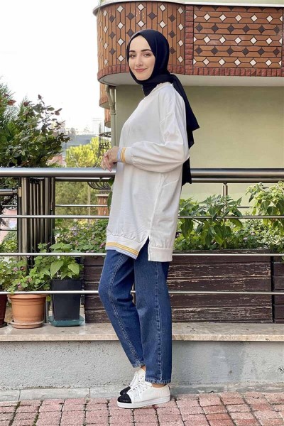 Ribana Çizgili Sweat BEYAZ - Thumbnail