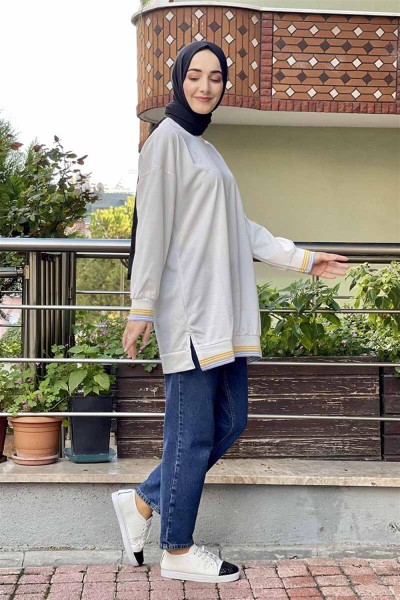 Ribana Çizgili Sweat BEYAZ - Thumbnail