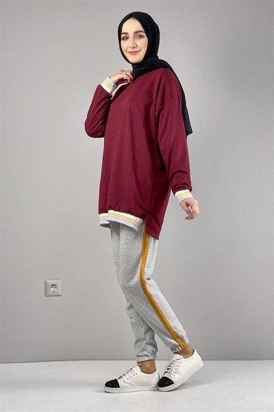 Ribana Çizgili Sweat BORDO - Thumbnail