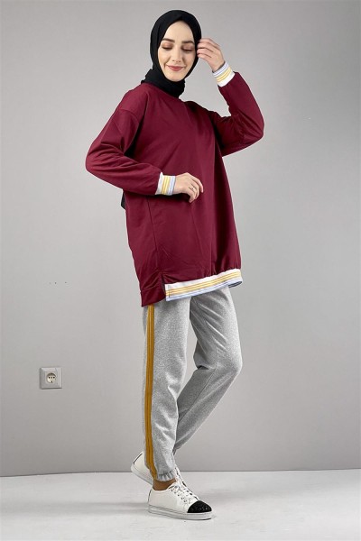 Ribana Çizgili Sweat BORDO - Thumbnail