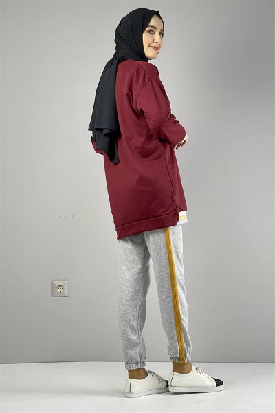 Ribana Çizgili Sweat BORDO - Thumbnail