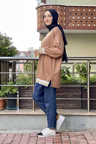 Ribana Çizgili Sweat CAMEL - Thumbnail