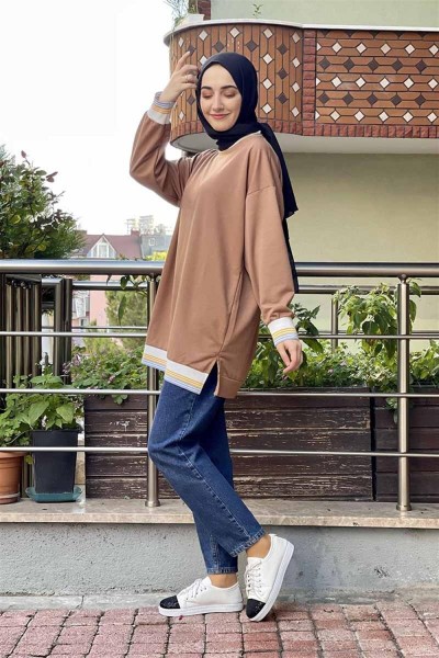 Ribana Çizgili Sweat CAMEL - Thumbnail