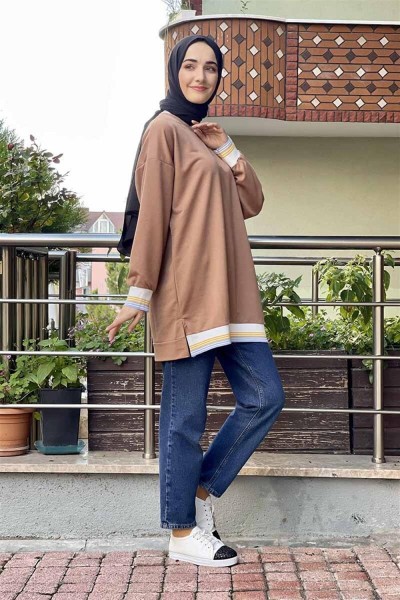 Ribana Çizgili Sweat CAMEL - Thumbnail