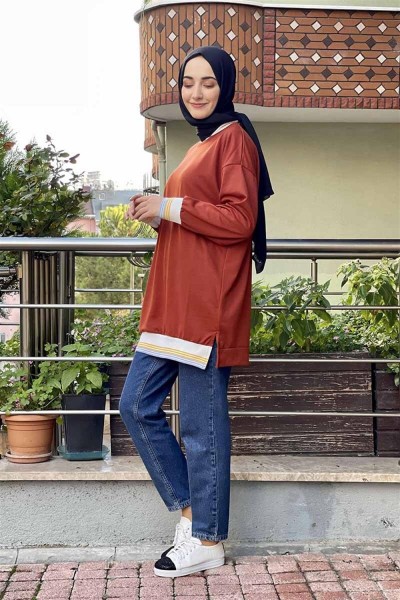 Ribana Çizgili Sweat Kiremit - Thumbnail