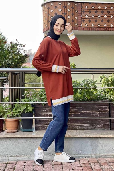 Ribana Çizgili Sweat Kiremit - Thumbnail