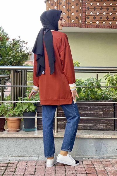 Ribana Çizgili Sweat Kiremit - Thumbnail