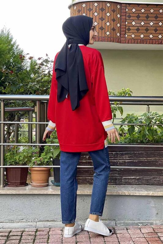 Ribana Çizgili Sweat KIRMIZI - 5