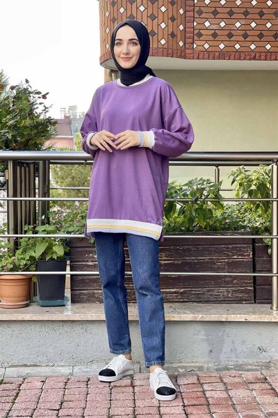 Ribana Çizgili Sweat LİLA - Thumbnail