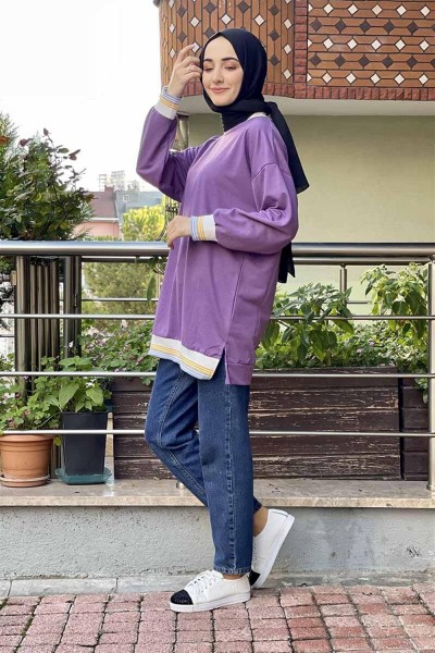 Ribana Çizgili Sweat LİLA - Thumbnail