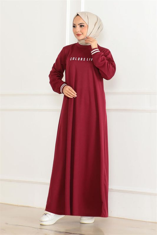 Ribanalı Baskılı Elbise BORDO - 1